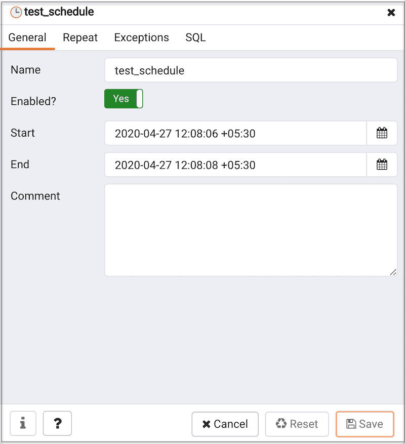 pgAgent schedule - General tab